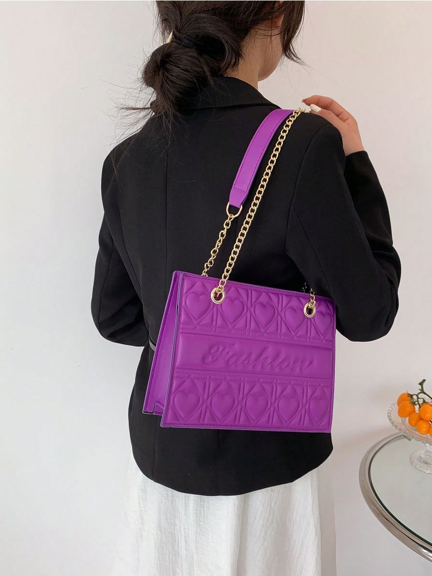 Quilted Square Bag Letter Embossed Chain Strap For Daily