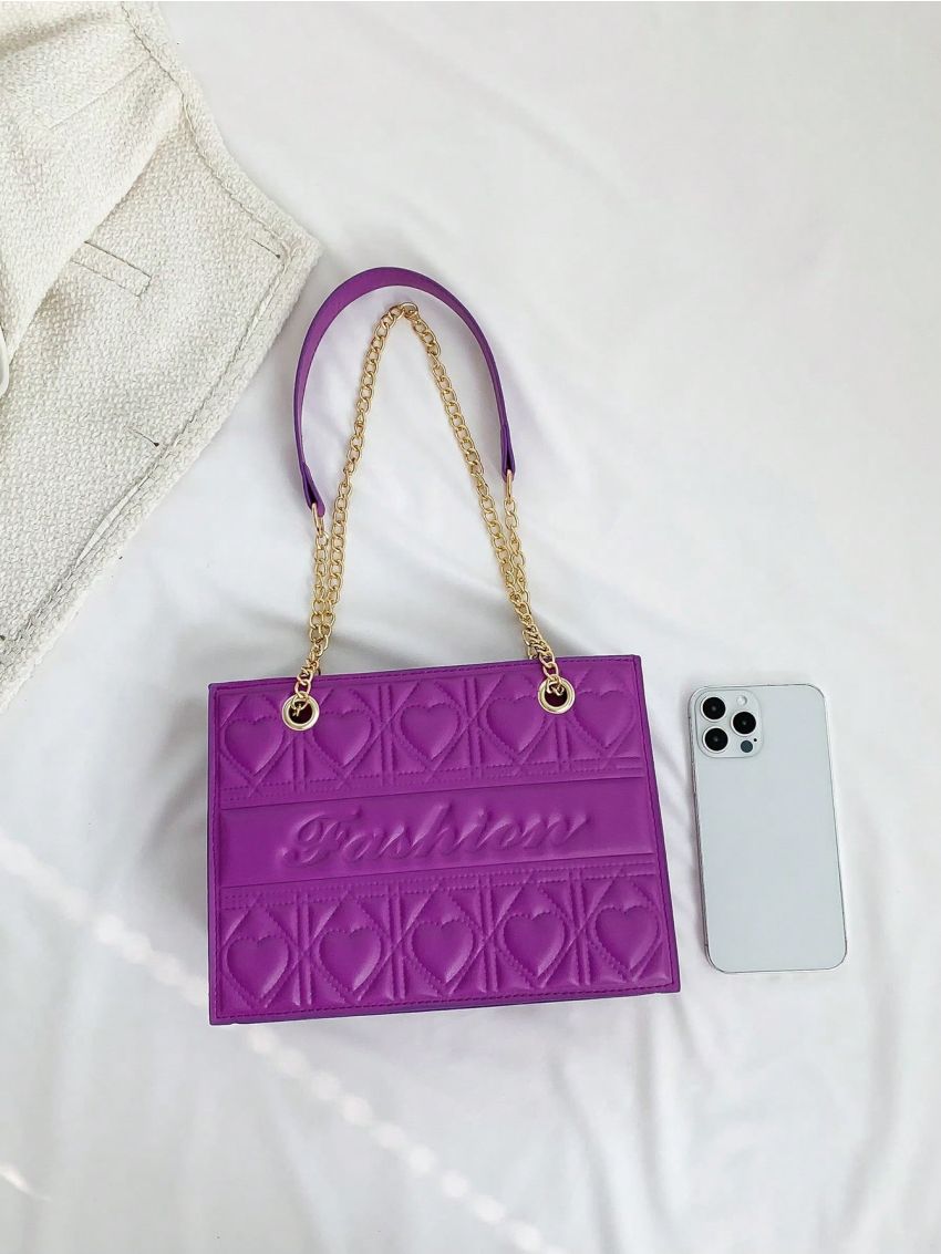 Quilted Square Bag Letter Embossed Chain Strap For Daily