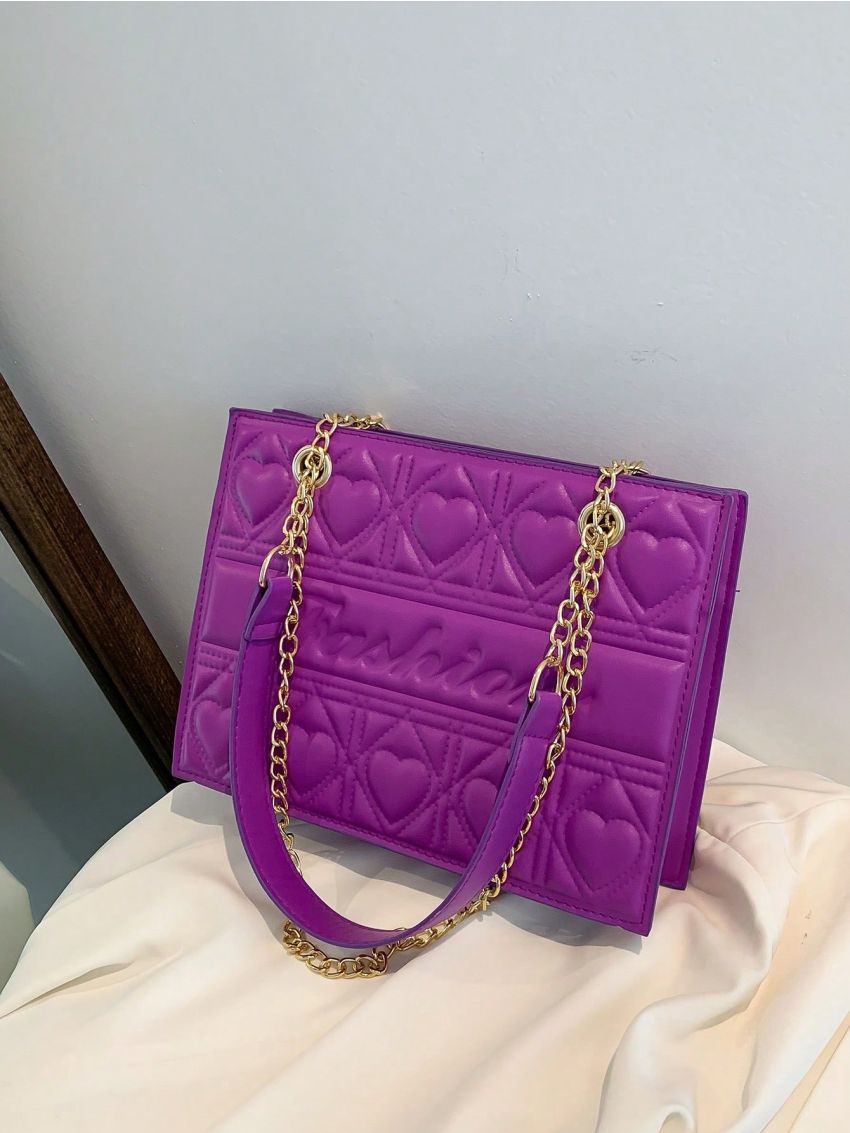 Quilted Square Bag Letter Embossed Chain Strap For Daily
