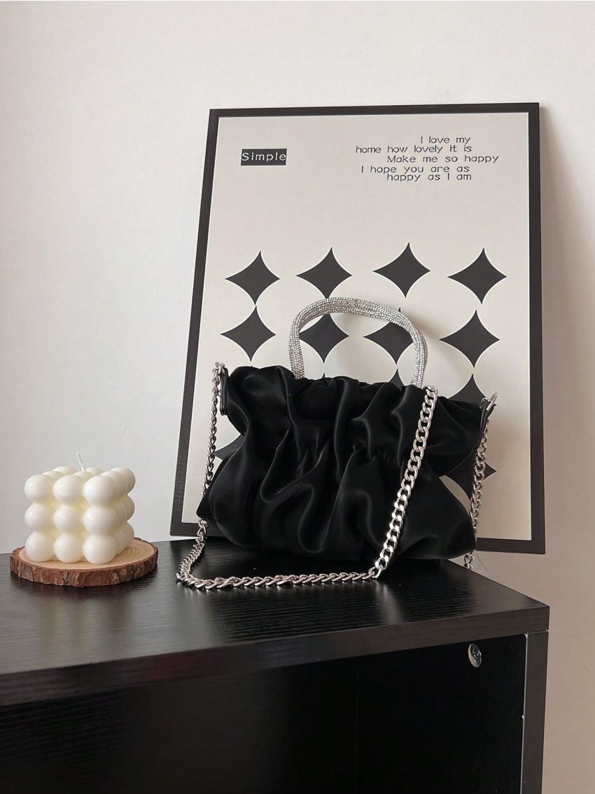Mini Ruched Bag Black Top Handle For Daily
