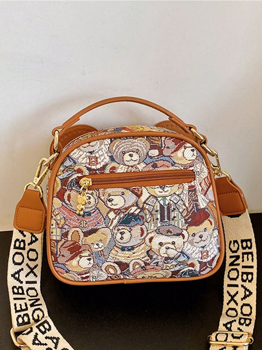 Mini Circle Bag Cartoon Bear Decor Adjustable Strap For Daily