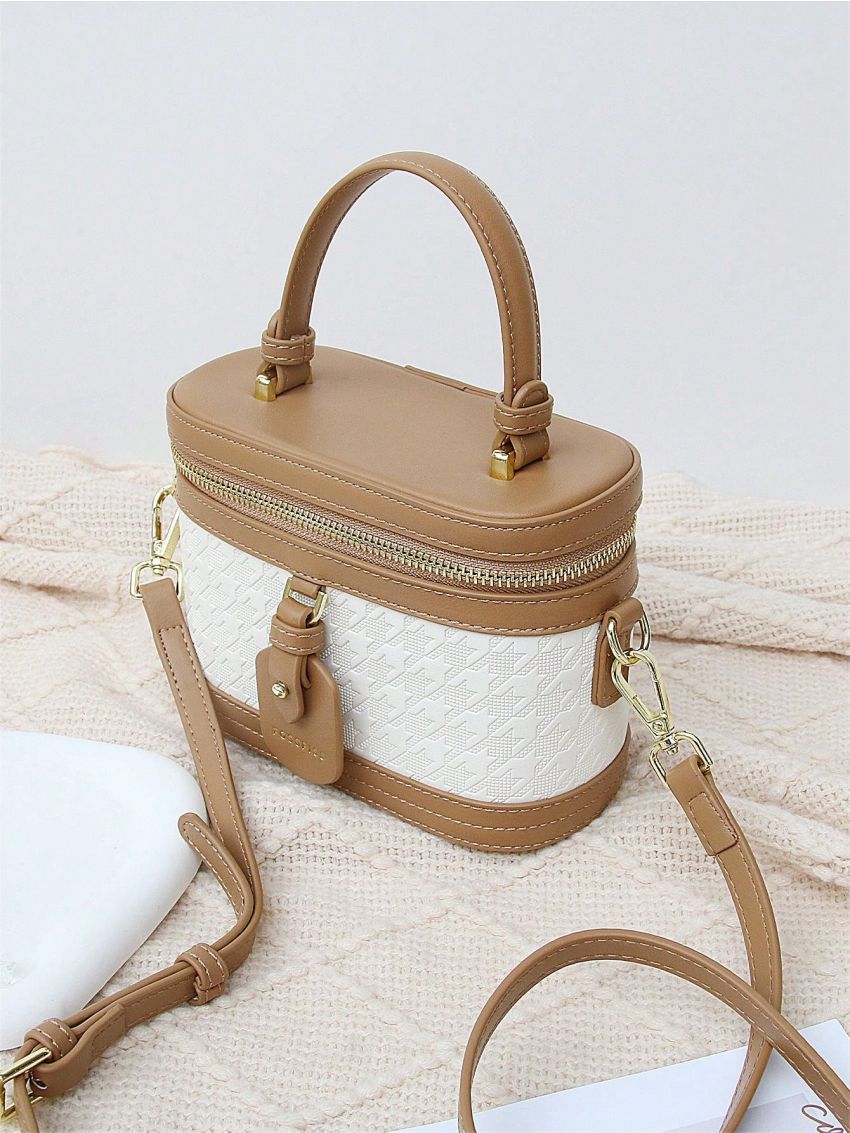 Mini Houndstooth Pattern Bucket Bag Colorblock Top Handle For Daily