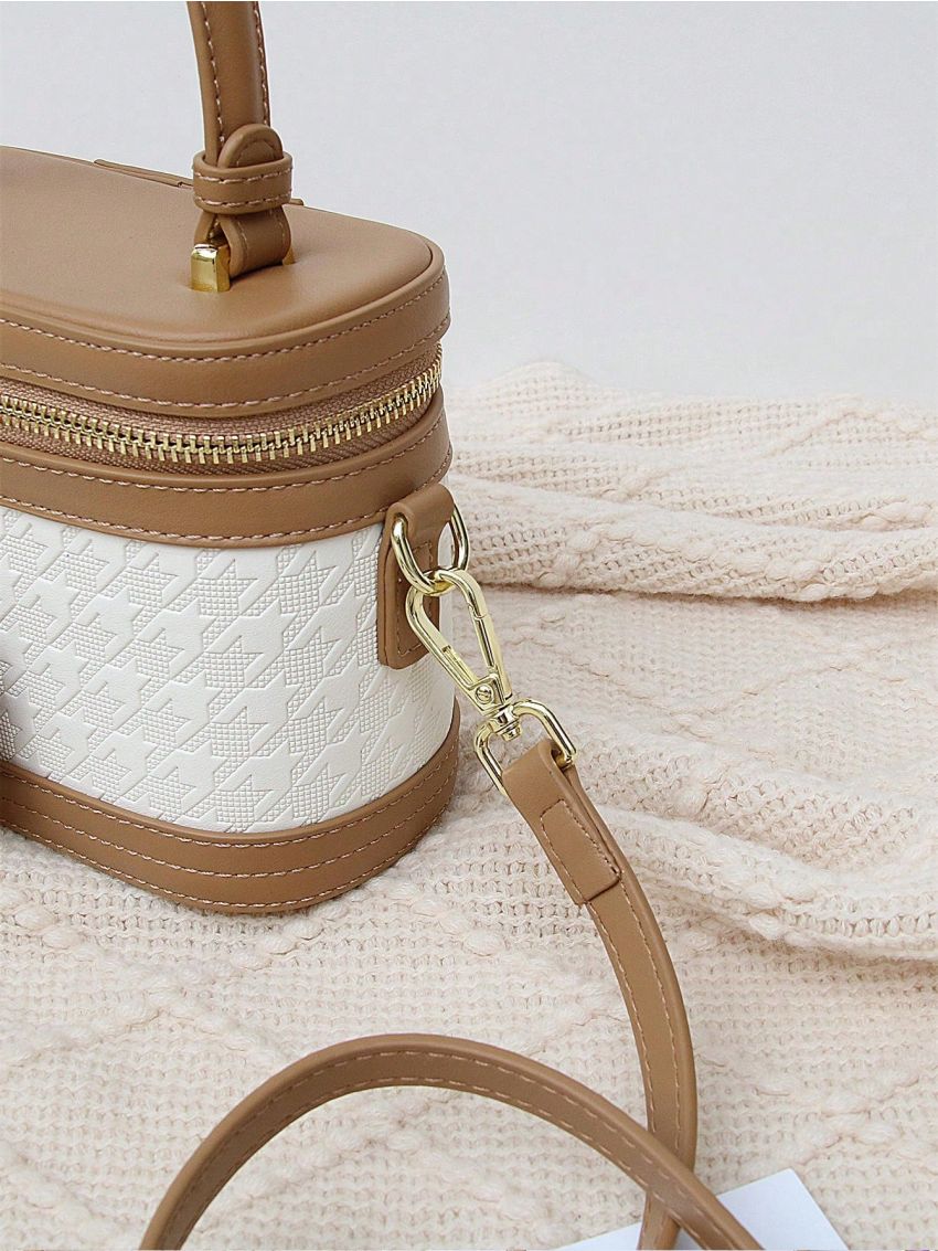 Mini Houndstooth Pattern Bucket Bag Colorblock Top Handle For Daily
