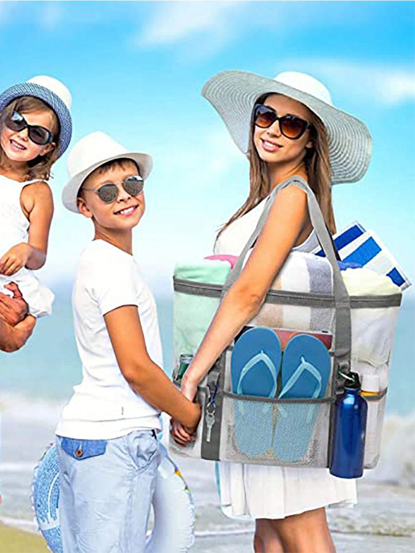 Hollow Polyester Mesh Beach Bag Large Capacity Travel Washing Bag Swimming Storage Bag Mesh Panel Contrast Binding Beach Bag