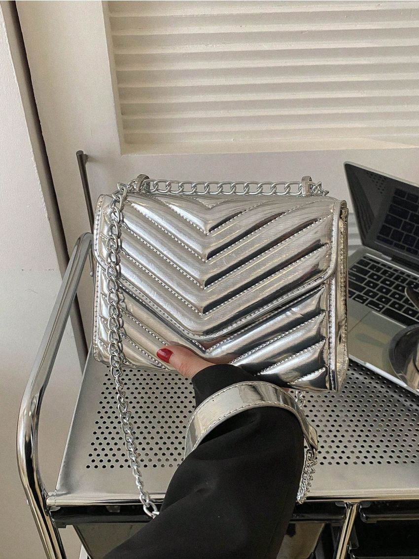 Chevron Quilted Crossbody Bag, Metallic Chain Shoulder Bag, Fashion Square Purse For Women