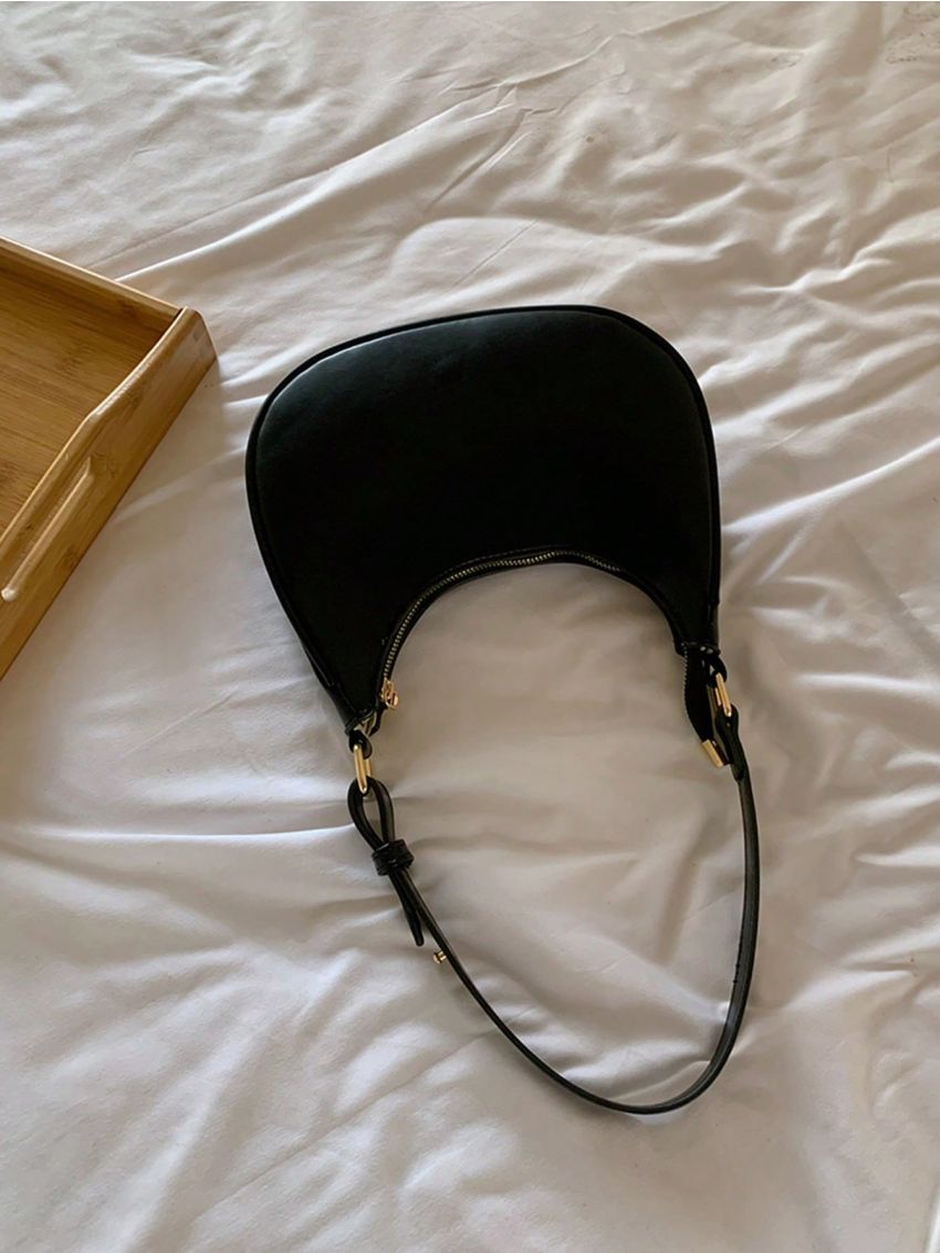 Small Hobo Bag Solid Black With Zipper Minimalist