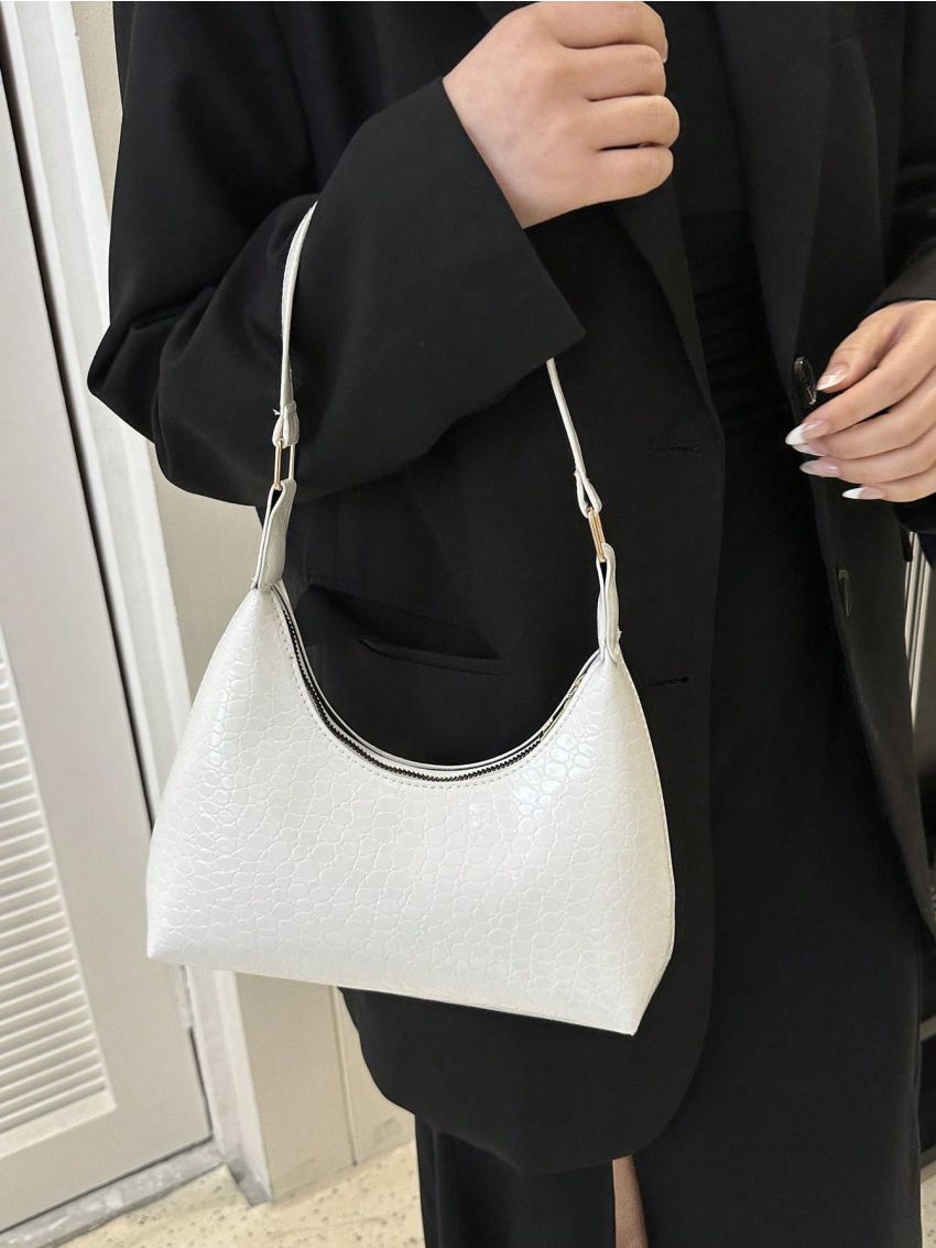 Small Hobo Bag Crocodile Embossed Minimalist White