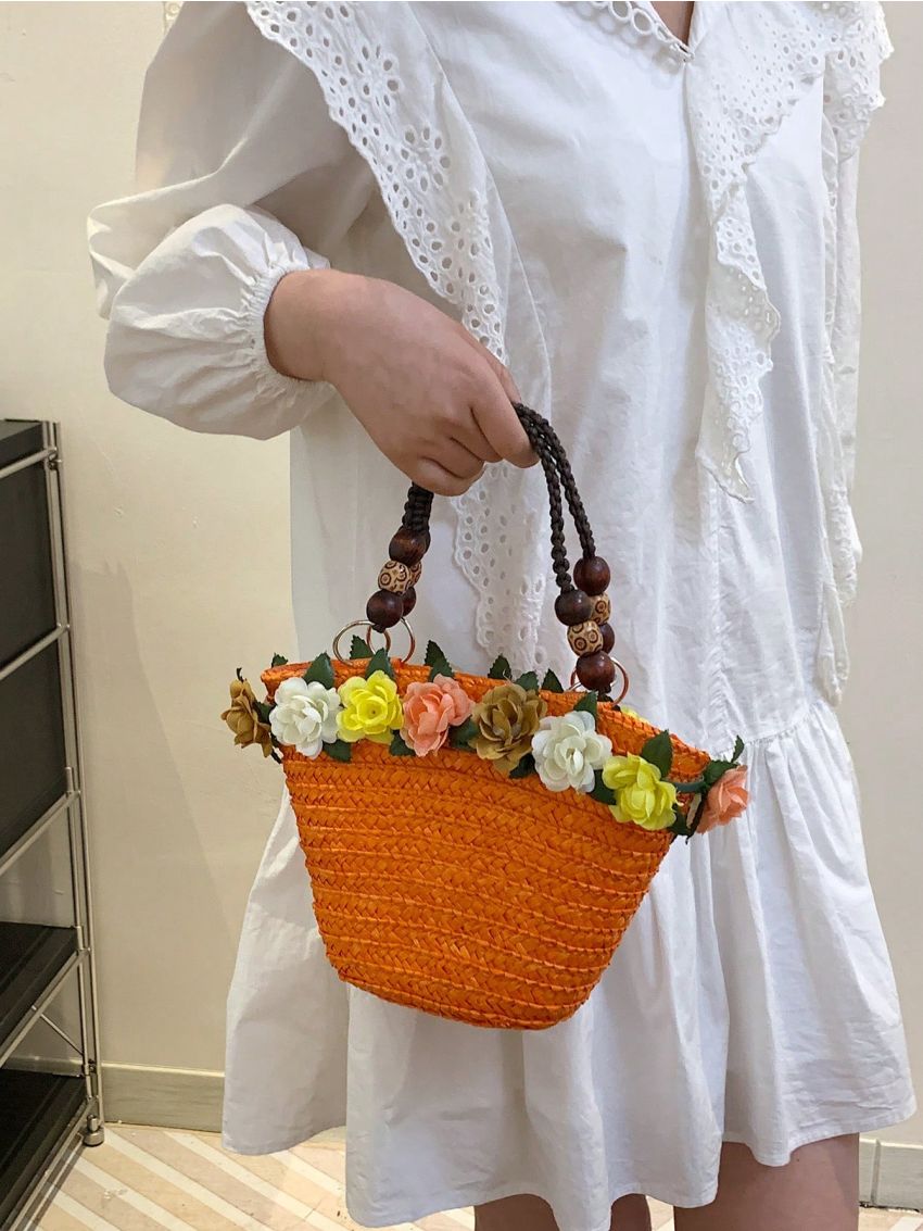 Small Straw Bag Flower & Bead Decor Vacation