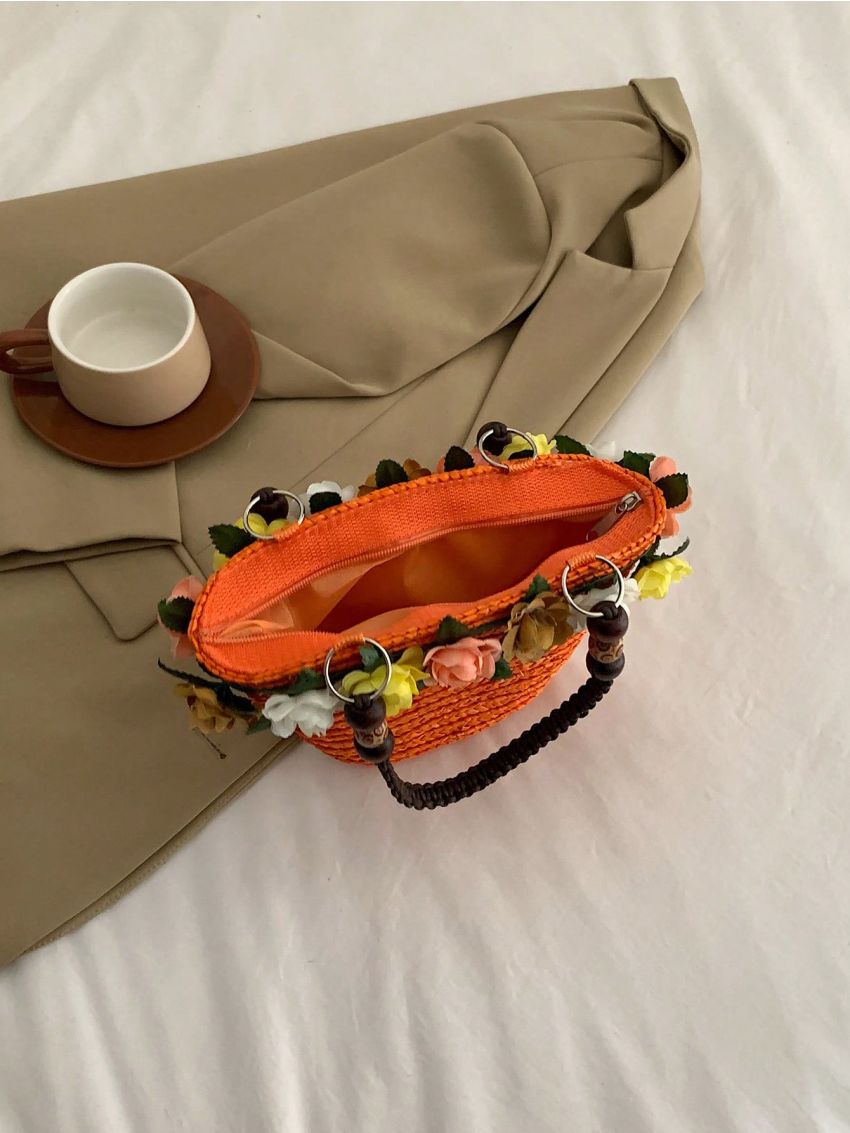 Small Straw Bag Flower & Bead Decor Vacation