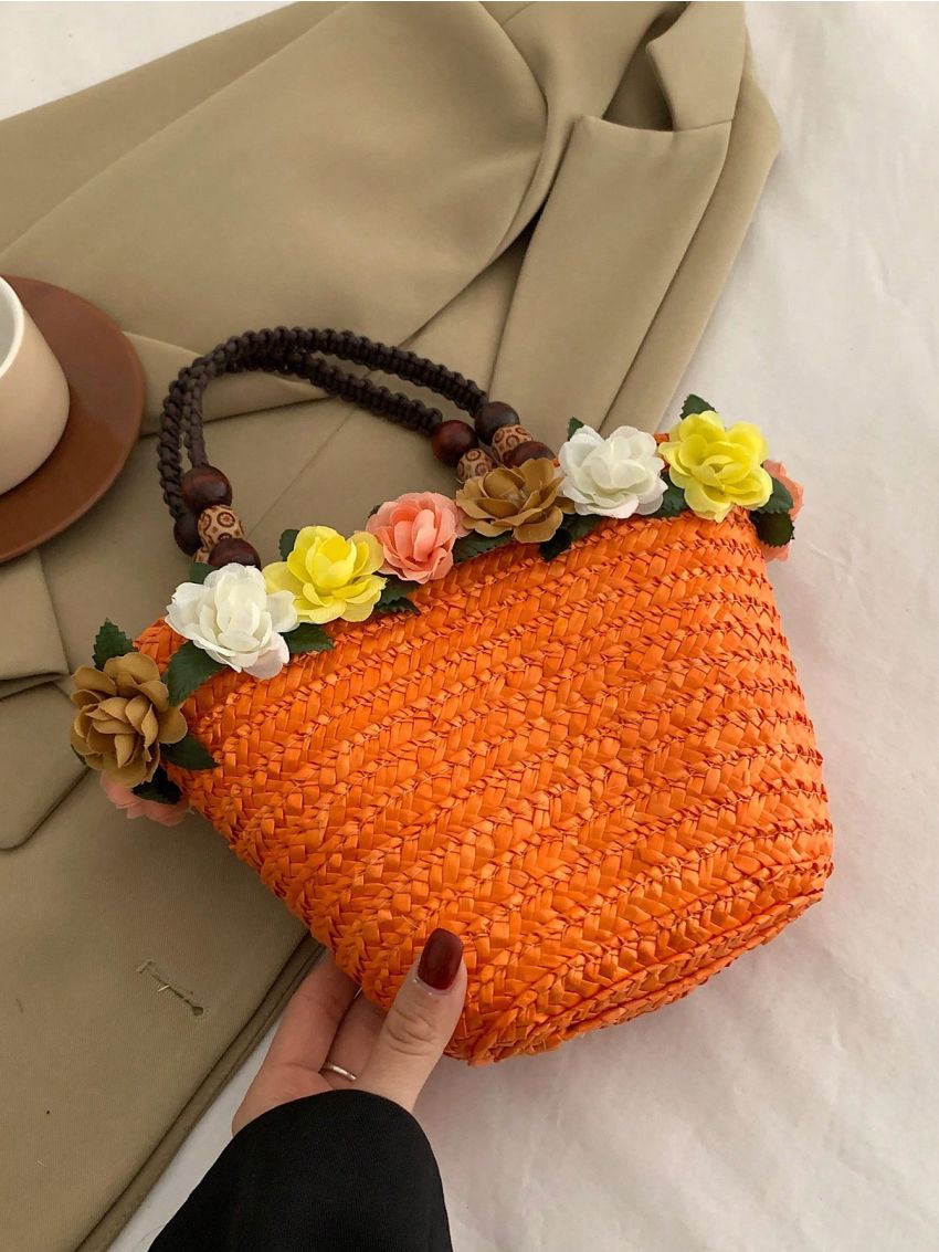 Small Straw Bag Flower & Bead Decor Vacation