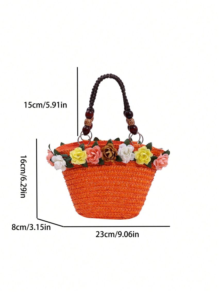 Small Straw Bag Flower & Bead Decor Vacation
