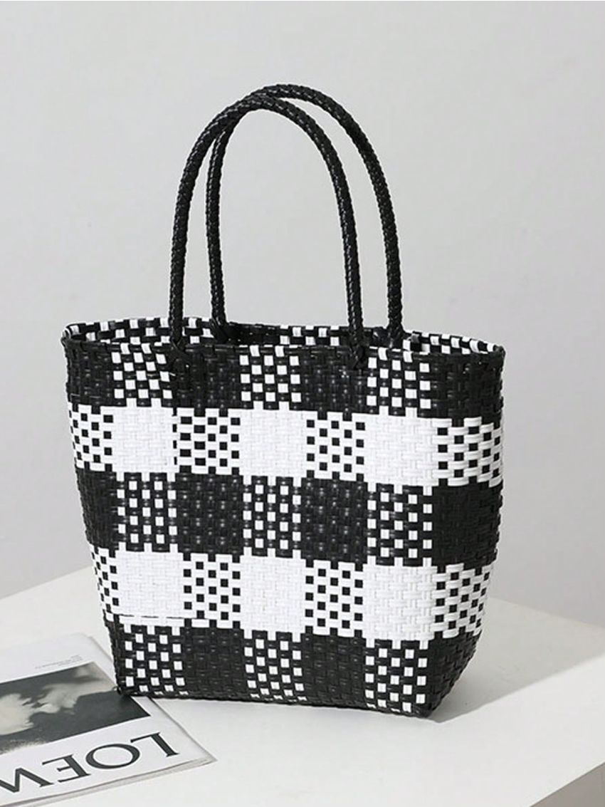 Small Straw Bag Two Tone Geometric Pattern Vacation