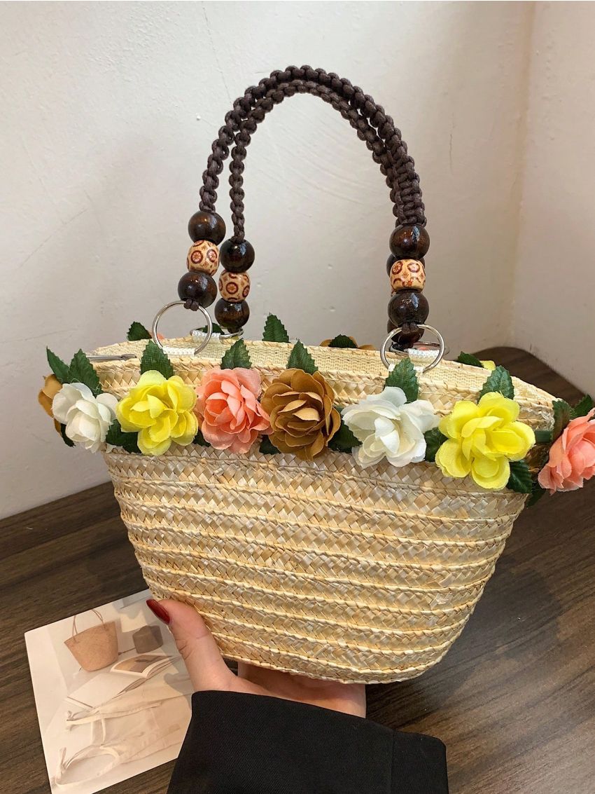 Small Straw Bag Flower & Bead Decor Vacation