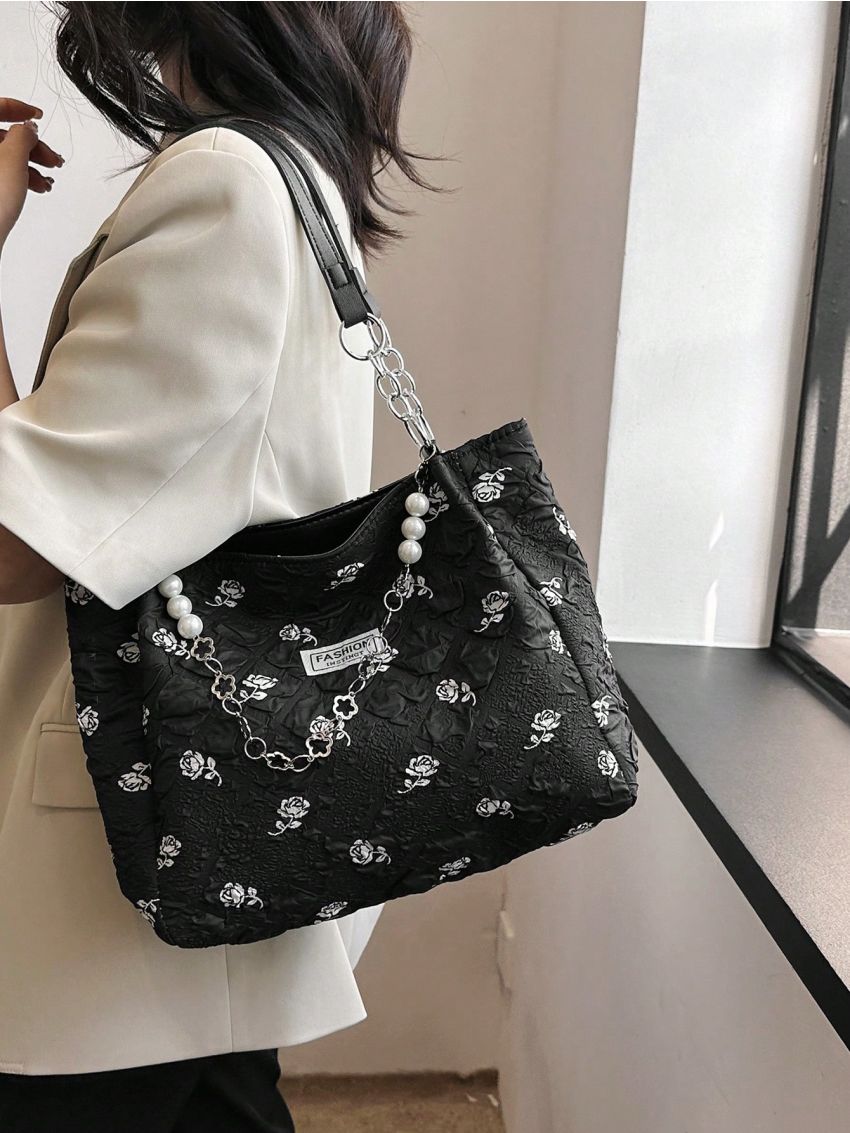 Medium Tote Bag Flower Pattern Faux Pearl Decor