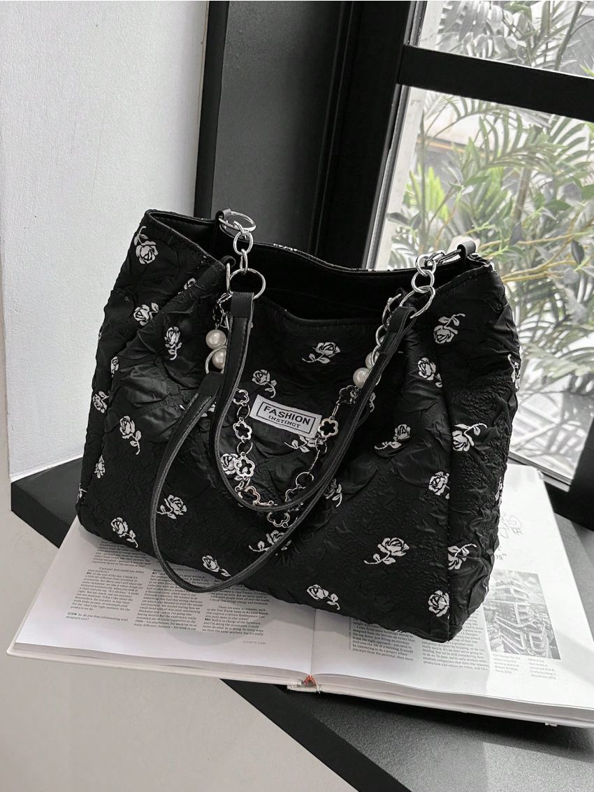 Medium Tote Bag Flower Pattern Faux Pearl Decor