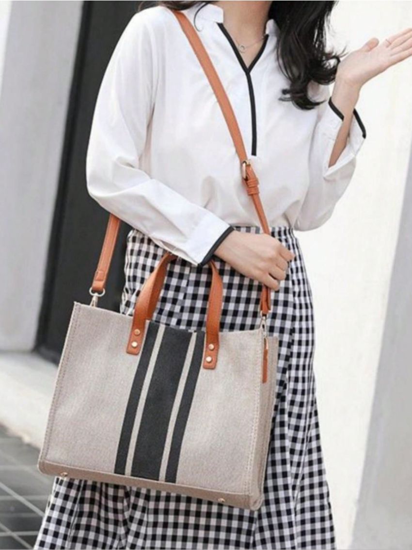Striped Pattern Top Handle Bag Double Handle