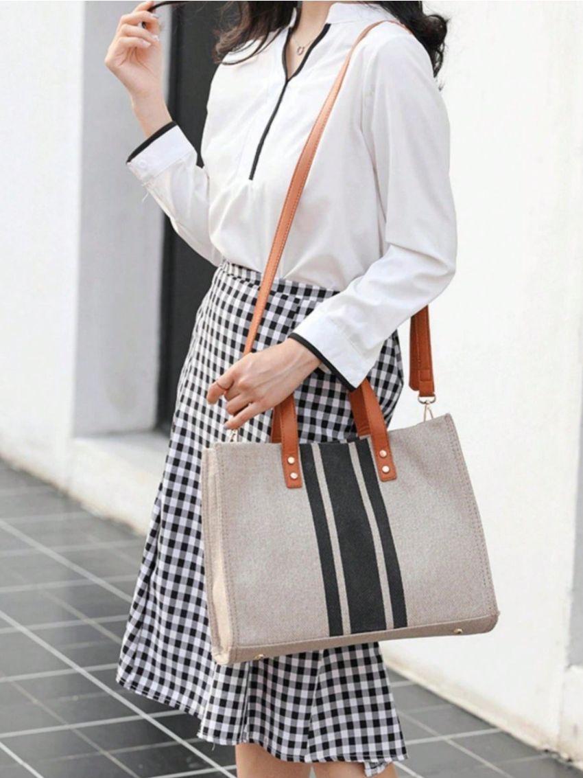 Striped Pattern Top Handle Bag Double Handle