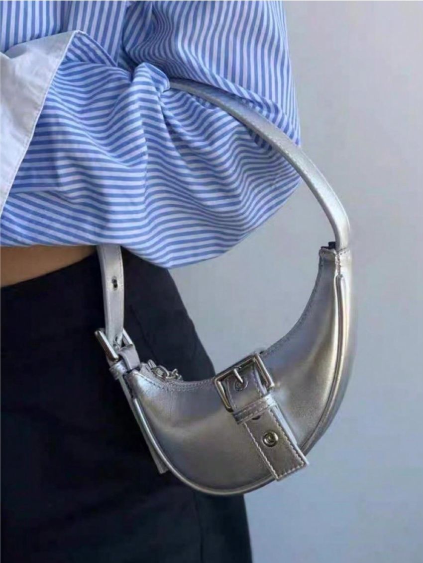 Buckle Decor Saddle Bag Funky Silver Chain