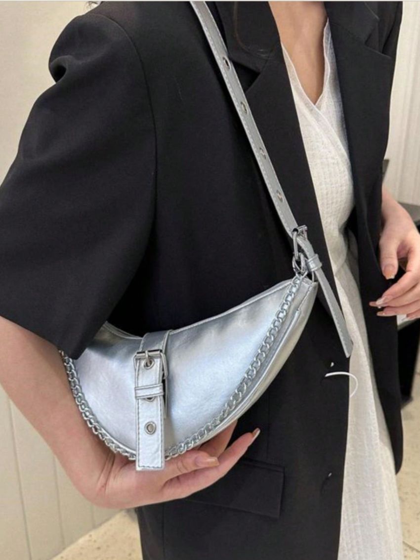 Buckle Decor Saddle Bag Funky Silver Chain
