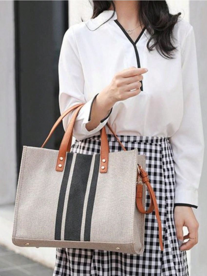 Striped Pattern Top Handle Bag Double Handle