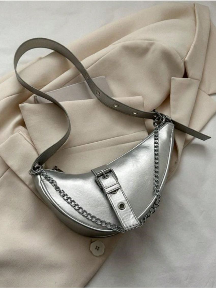 Buckle Decor Saddle Bag Funky Silver Chain