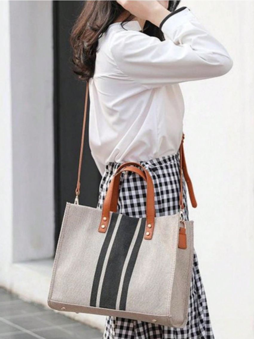 Striped Pattern Top Handle Bag Double Handle