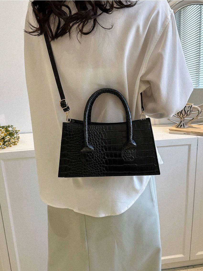 Medium Square Bag Crocodile Embossed Double Handle