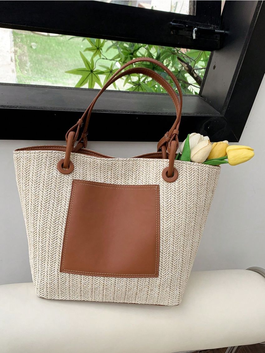 Color Block Straw Bag Medium Double Handle Vacation Beach Bag