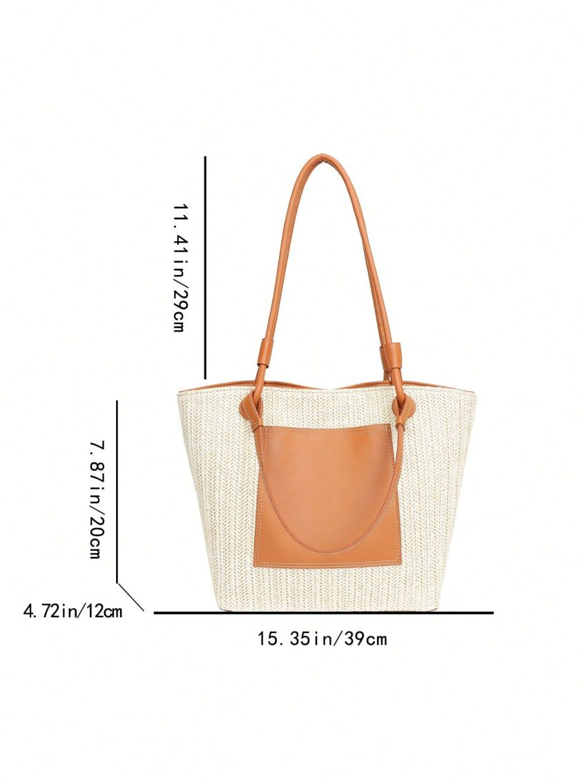 Color Block Straw Bag Medium Double Handle Vacation Beach Bag