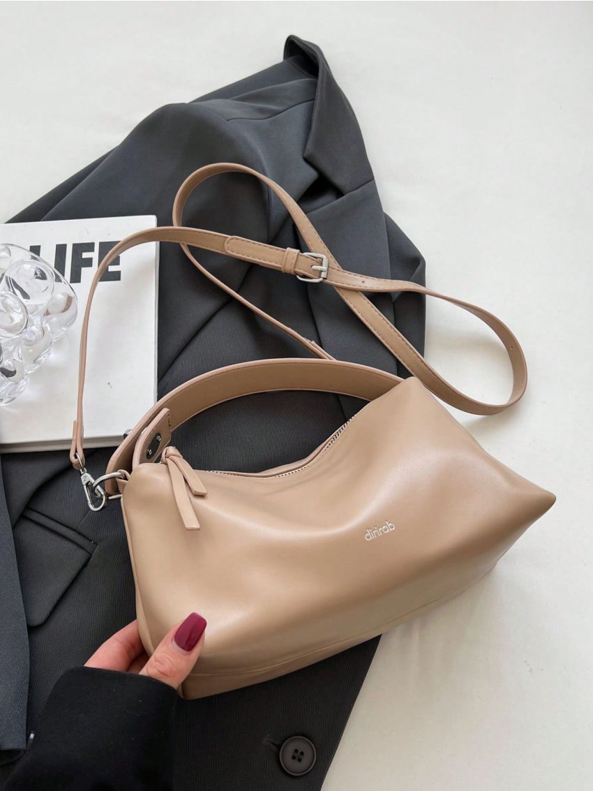 Letter Graphic Hobo Bag Zipper Top Handle