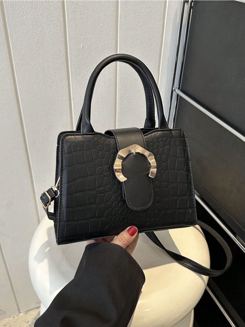 Crocodile Embossed Square Bag Buckle Decor Elegant