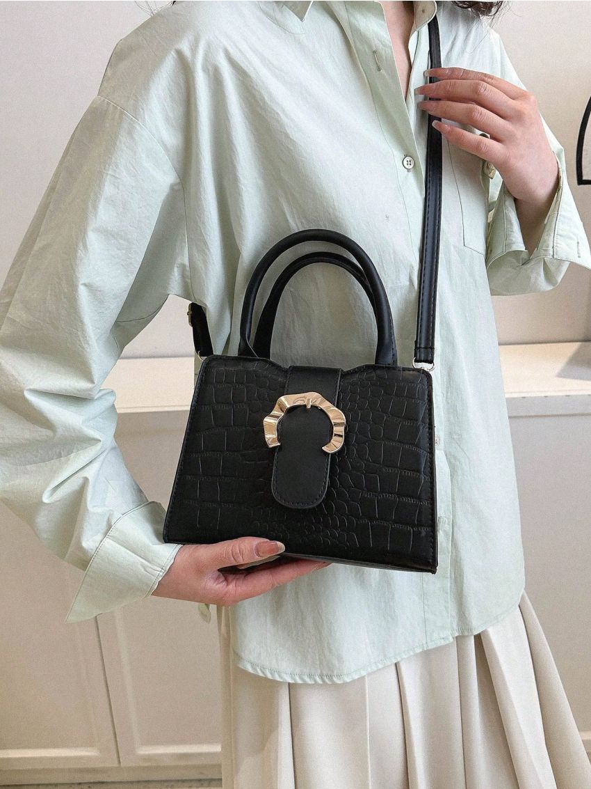 Crocodile Embossed Square Bag Buckle Decor Elegant