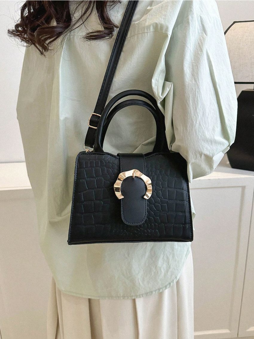 Crocodile Embossed Square Bag Buckle Decor Elegant