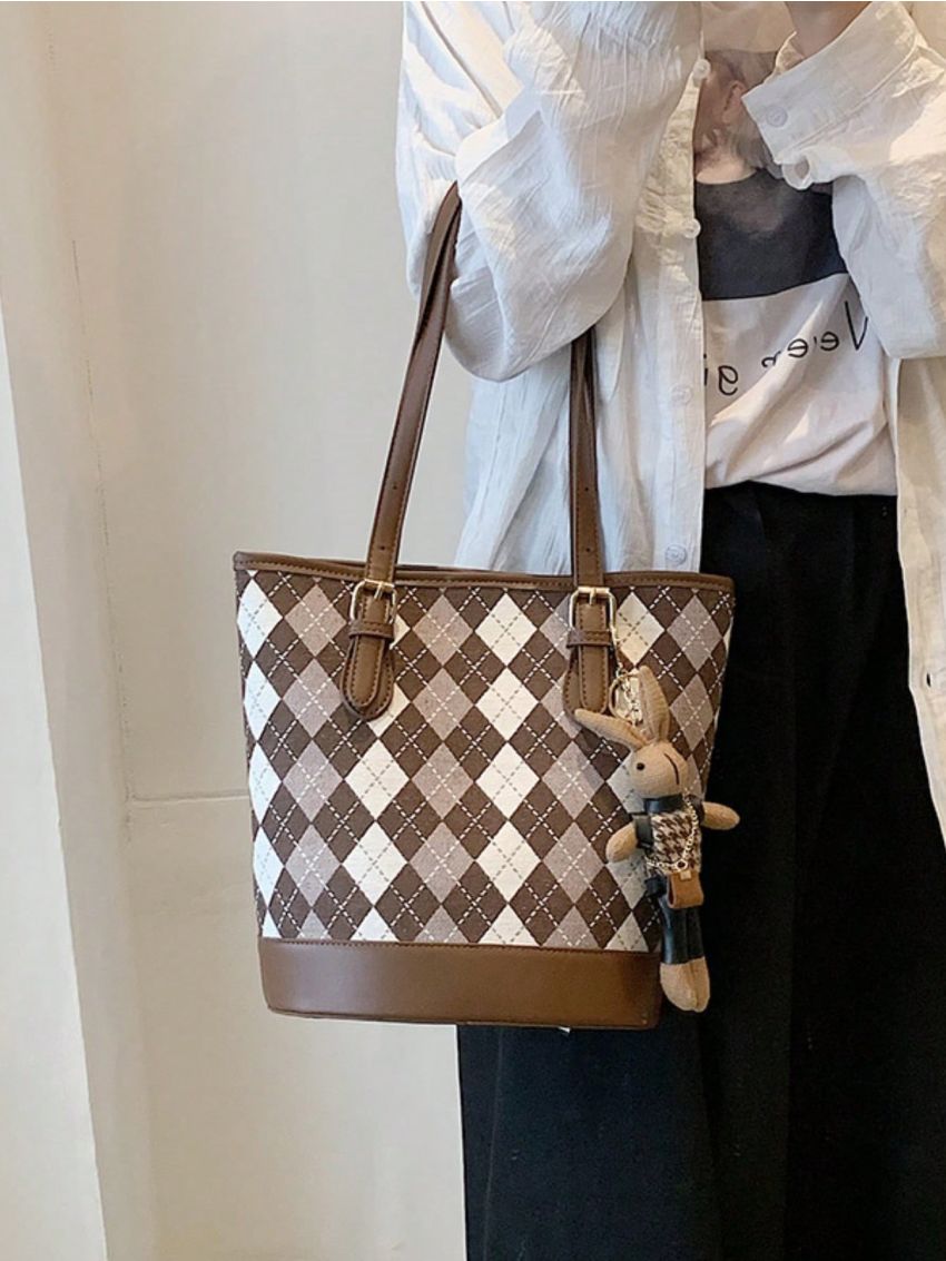 Geometric Pattern Bucket Bag Double Handle Without Bag Charm