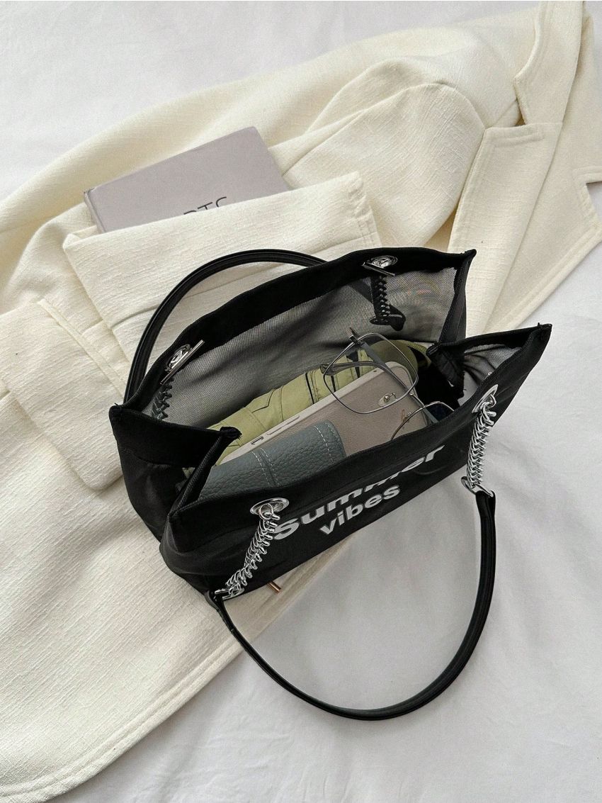 Letter Graphic Square Bag Small Black Double Handle