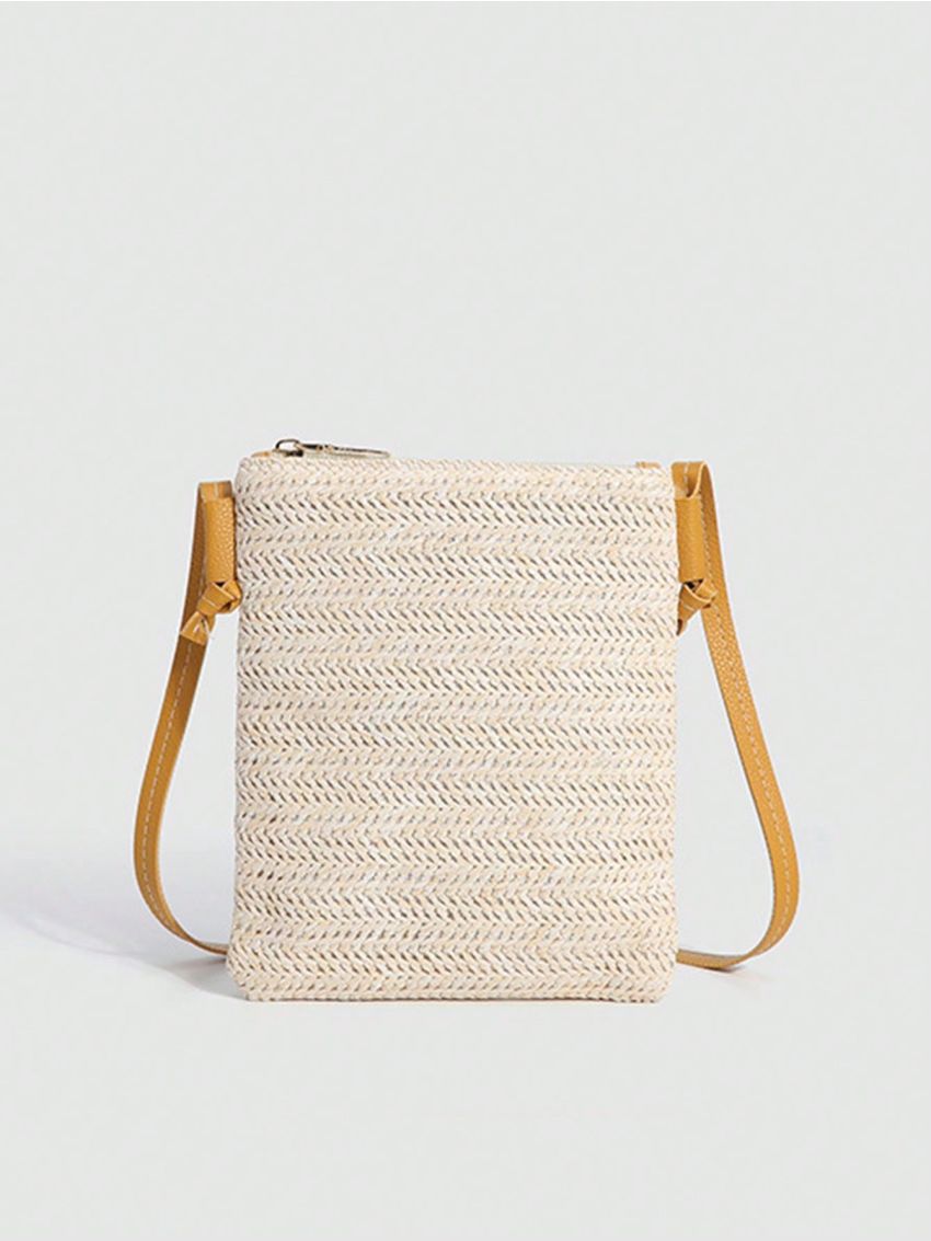 Mini Minimalist Straw Bag Zipper Vacation Beige