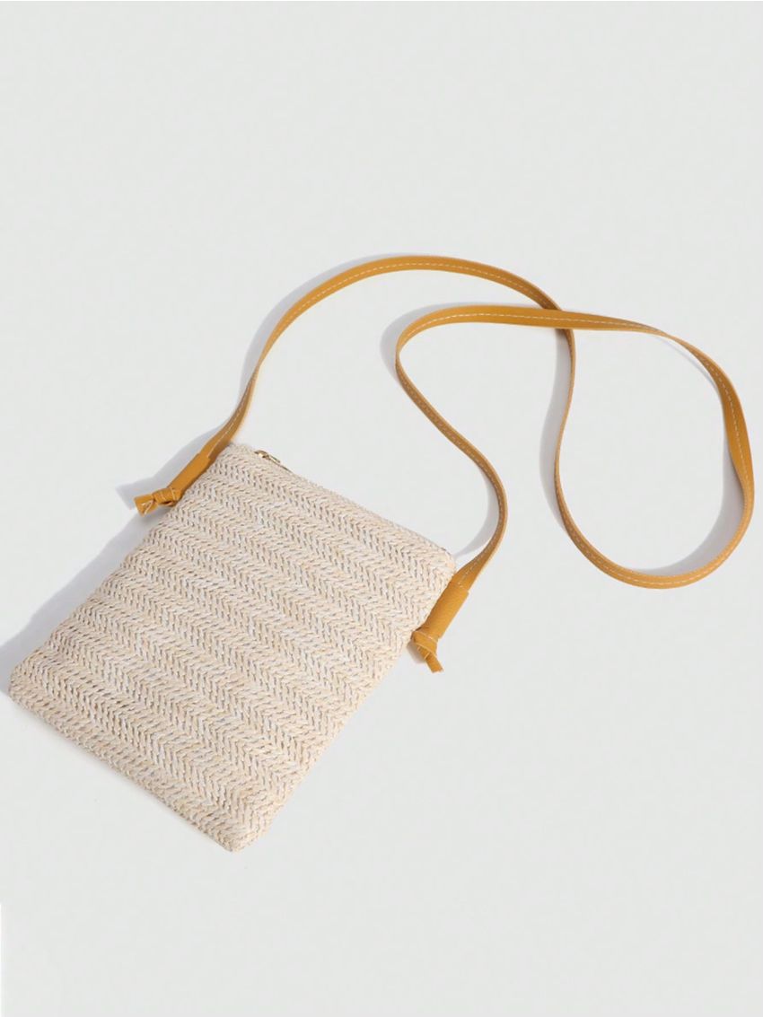 Mini Minimalist Straw Bag Zipper Vacation Beige