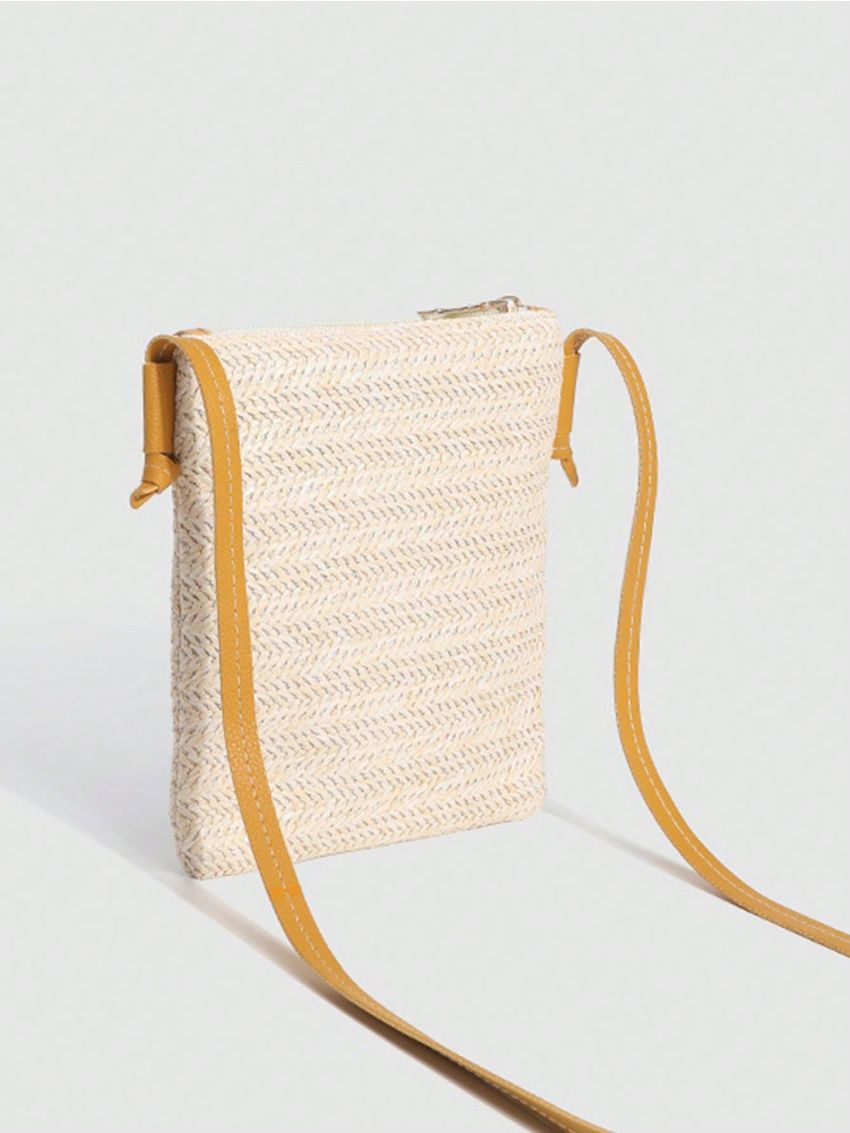 Mini Minimalist Straw Bag Zipper Vacation Beige