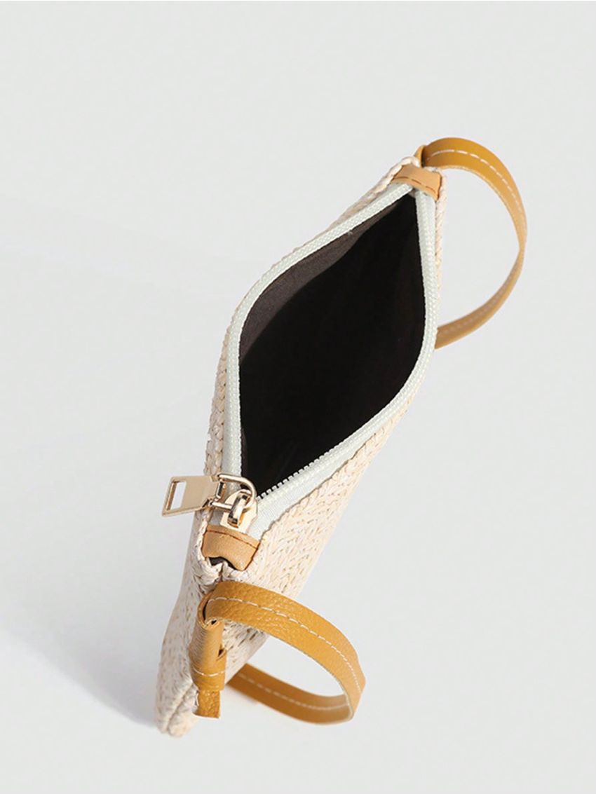 Mini Minimalist Straw Bag Zipper Vacation Beige