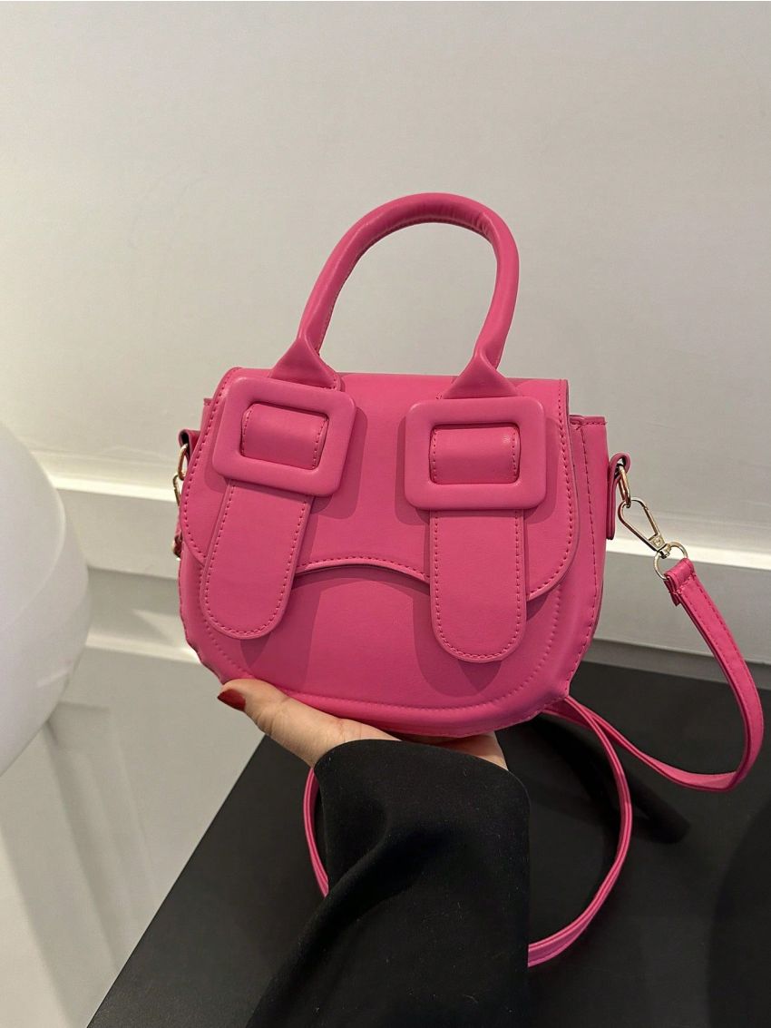 Mini Neon-pink Flap Saddle Bag Funky Buckle Decor Top Handle PU