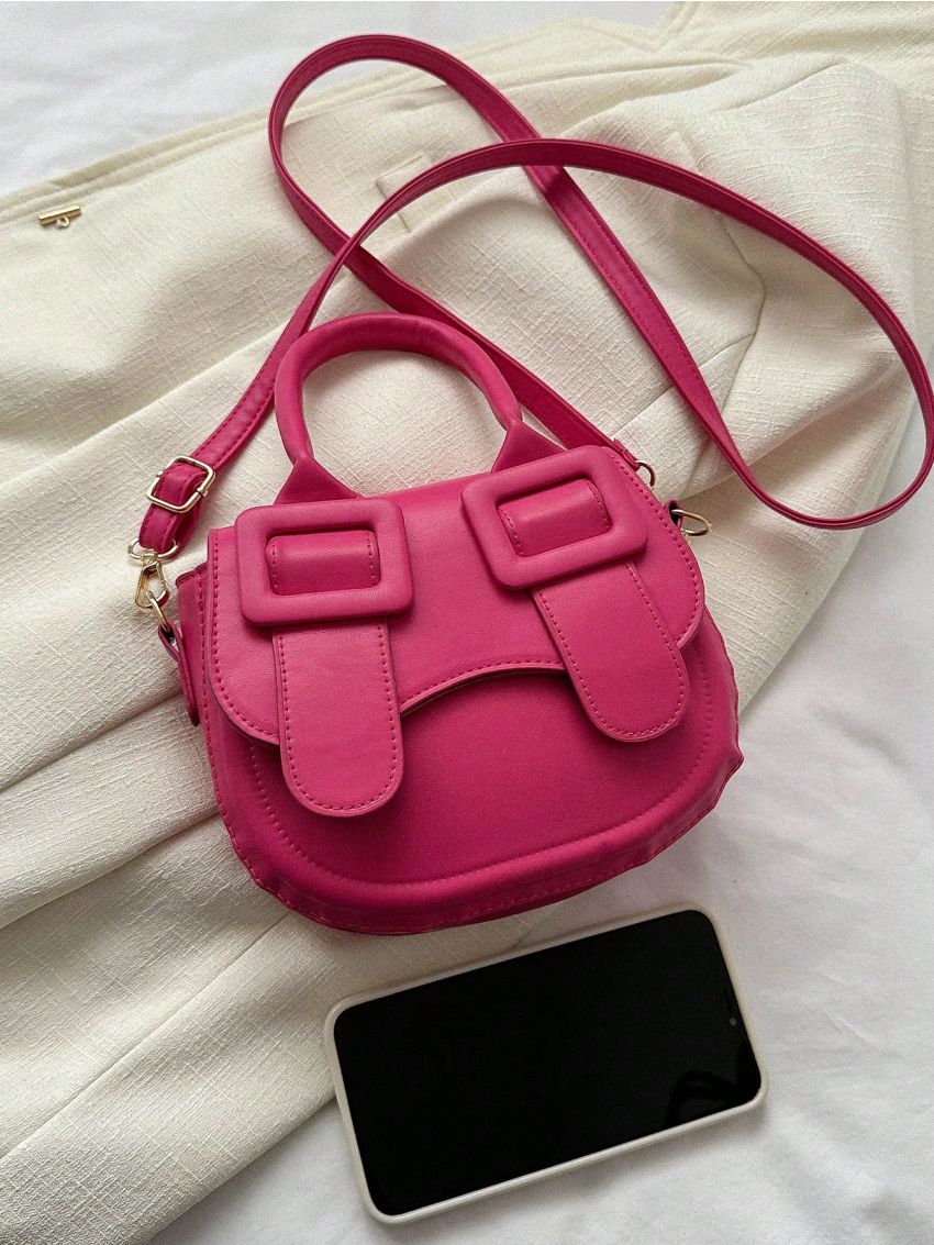 Mini Neon-pink Flap Saddle Bag Funky Buckle Decor Top Handle PU