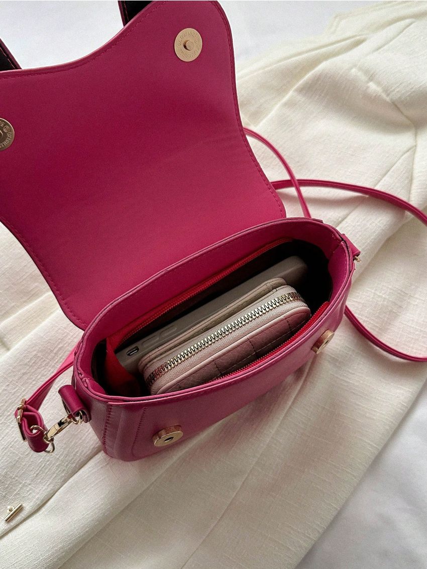 Mini Neon-pink Flap Saddle Bag Funky Buckle Decor Top Handle PU