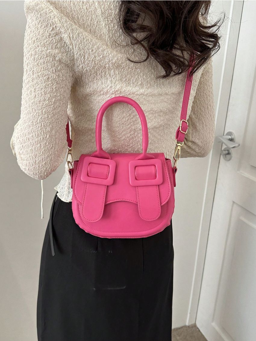 Mini Neon-pink Flap Saddle Bag Funky Buckle Decor Top Handle PU