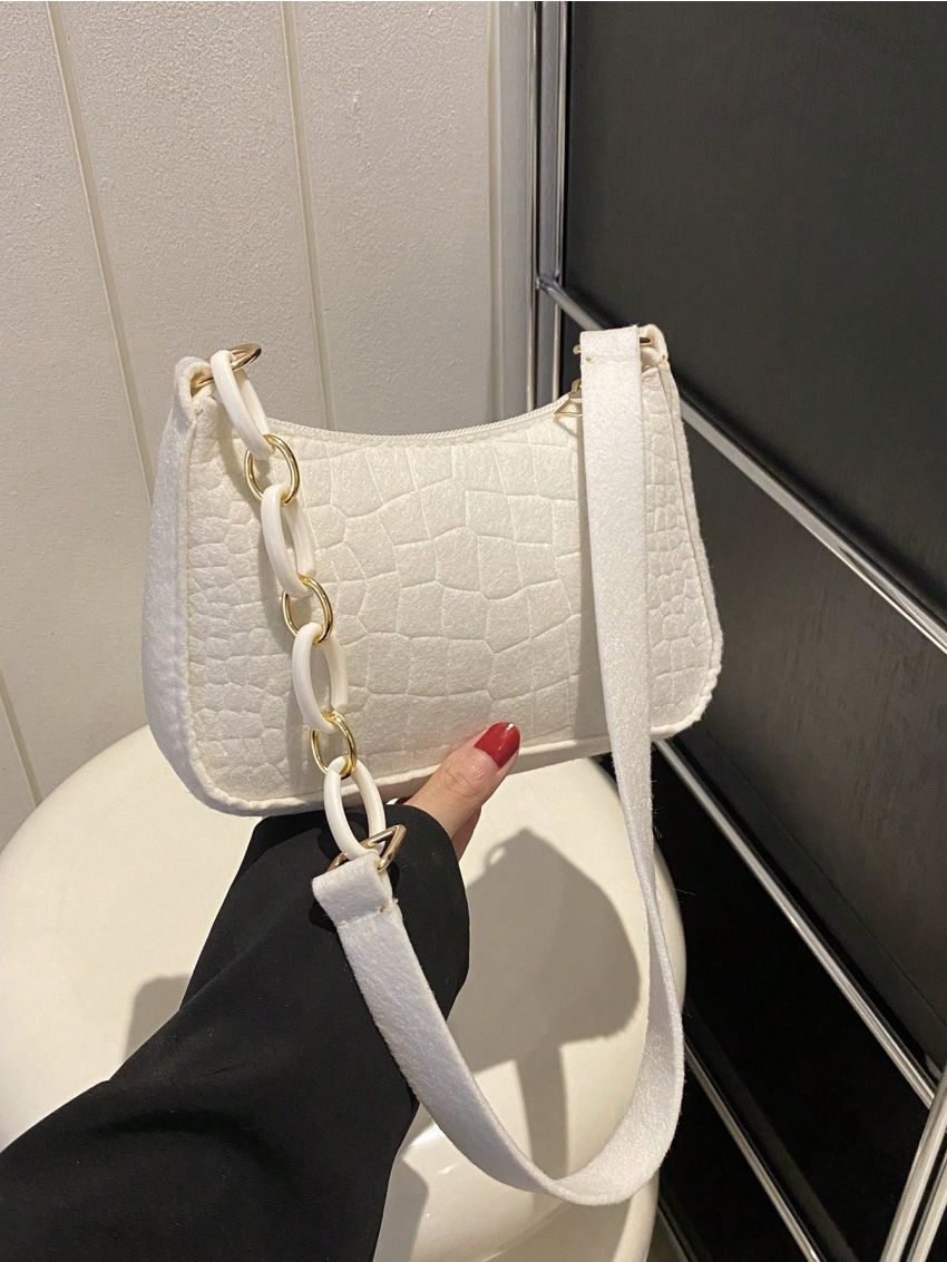 Mini Crocodile Embossed Hobo Bag Zipper White