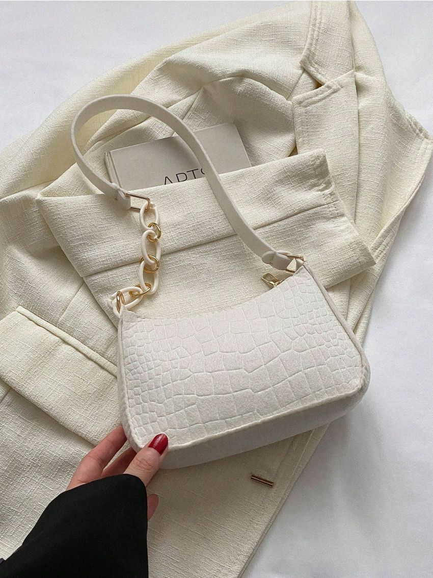 Mini Crocodile Embossed Hobo Bag Zipper White