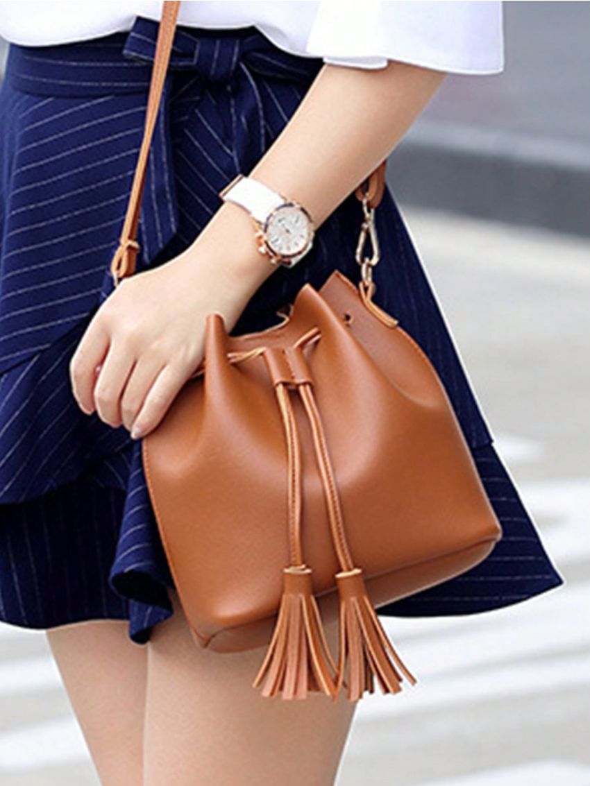 Mini Drawstring Design Bucket Bag Tassel Decor Brown