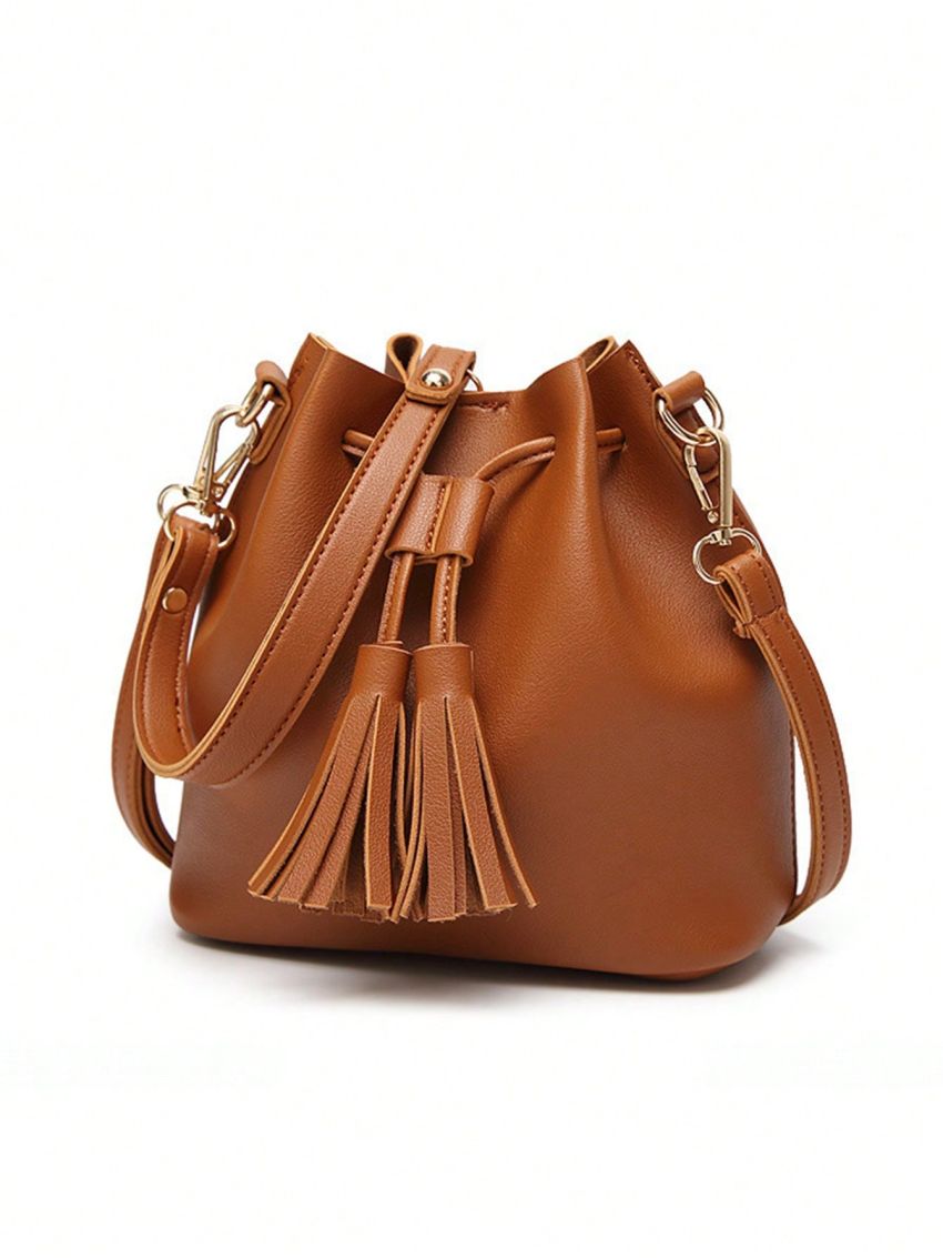 Mini Drawstring Design Bucket Bag Tassel Decor Brown