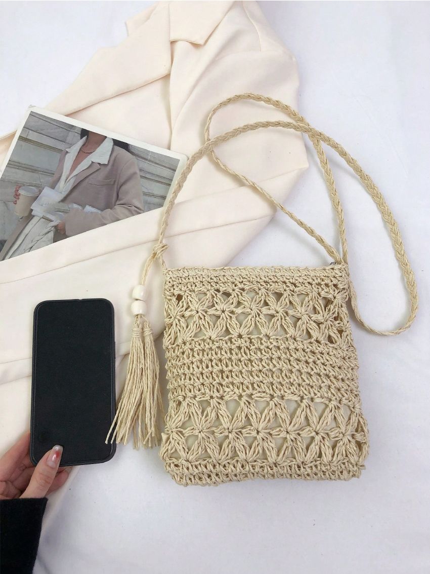 Minimalist Straw Bag Small Tassel Decor Vacation