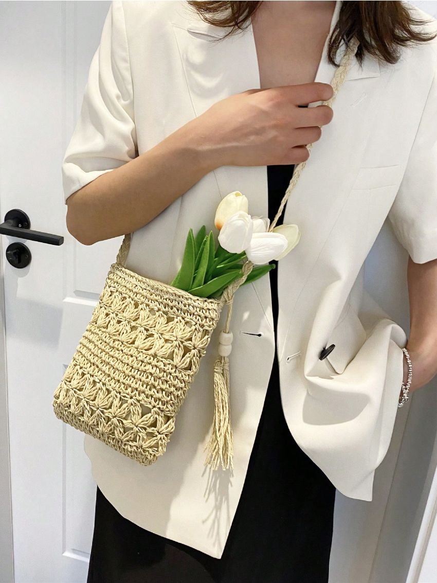 Minimalist Straw Bag Small Tassel Decor Vacation
