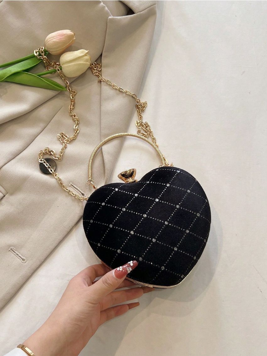 Mini  Novelty Bag Glamorous Rhinestone Decor Heart Design Chain